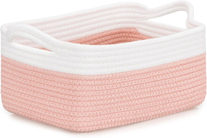 Small Cube Storage Baskets, Decorative Woven Cotton Rope Baskets with Handles for Organizing, Shelf, Closet, Nursery, Bathroom, Toy Organizer Bins (1, White & Pink, 11.4 x 7.5 x 4.7)
