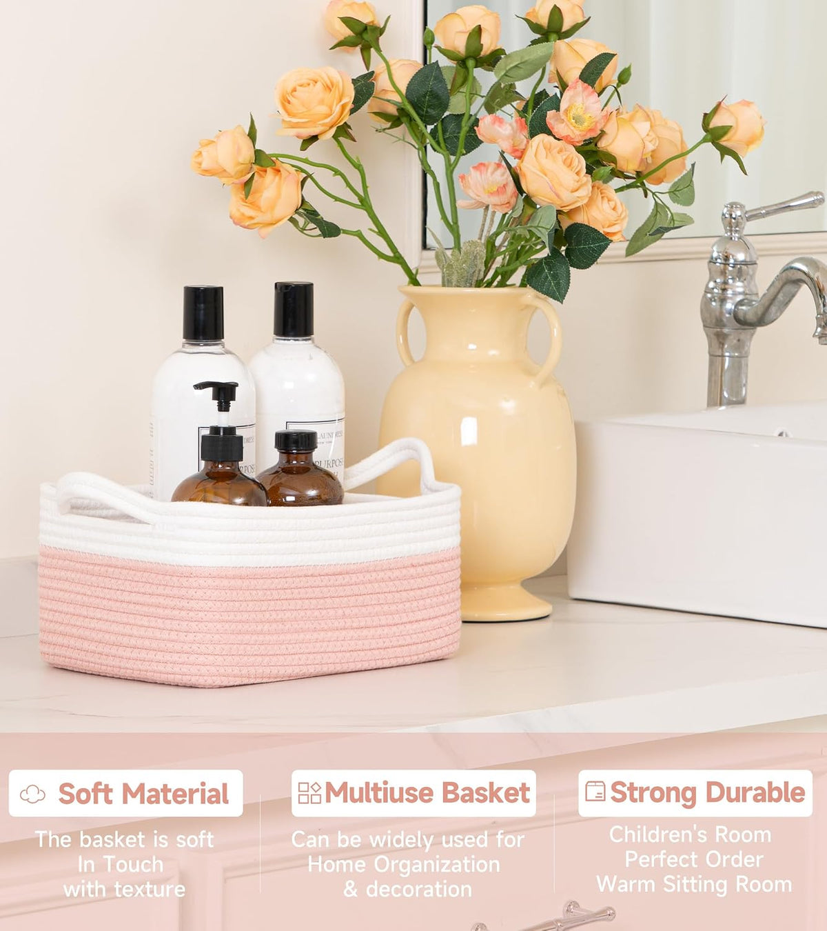 Small Cube Storage Baskets, Decorative Woven Cotton Rope Baskets with Handles for Organizing, Shelf, Closet, Nursery, Bathroom, Toy Organizer Bins (1, White & Pink, 11.4 x 7.5 x 4.7)
