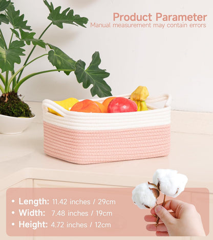 Small Cube Storage Baskets, Decorative Woven Cotton Rope Baskets with Handles for Organizing, Shelf, Closet, Nursery, Bathroom, Toy Organizer Bins (1, White & Pink, 11.4 x 7.5 x 4.7)