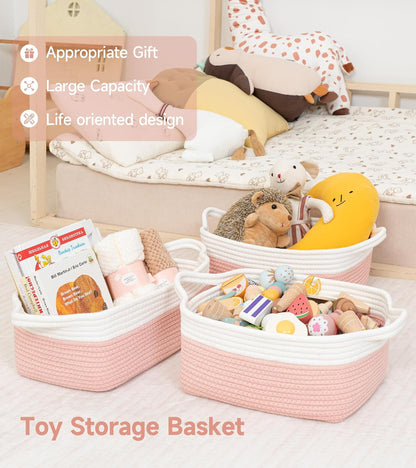 Small Cube Storage Baskets, Decorative Woven Cotton Rope Baskets with Handles for Organizing, Shelf, Closet, Nursery, Bathroom, Toy Organizer Bins (1, White & Pink, 11.4 x 7.5 x 4.7)
