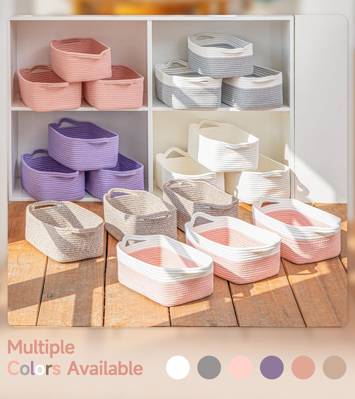 Small Cube Storage Baskets, Decorative Woven Cotton Rope Baskets with Handles for Organizing, Shelf, Closet, Nursery, Bathroom, Toy Organizer Bins (1, White & Pink, 11.4 x 7.5 x 4.7)