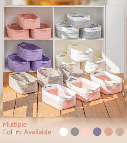 Small Cube Storage Baskets, Decorative Woven Cotton Rope Baskets with Handles for Organizing, Shelf, Closet, Nursery, Bathroom, Toy Organizer Bins (1, White & Pink, 11.4 x 7.5 x 4.7)