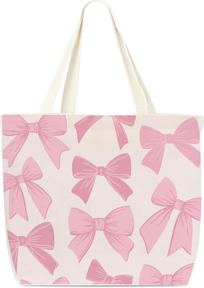Pink Bow Tote Bag For Women, Cute Coquette Canvas Tote Bag, Reusable Grocery Shopping Bag, Gifts For Women Girls