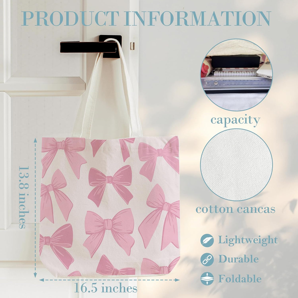 Pink Bow Tote Bag For Women, Cute Coquette Canvas Tote Bag, Reusable Grocery Shopping Bag, Gifts For Women Girls