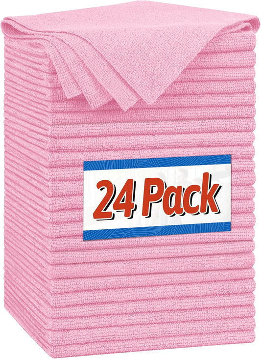 Microfiber Cleaning Cloth, Shop Towels Bulk, 24 Pack Pink Microfiber Towels for Cars, All-Purpose Absorbent Cleaning Rags, Dust Cloth for Automotive, Mechanic, Garage, Bar, 12 x 11 inch