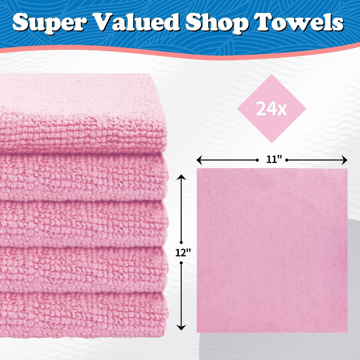 Microfiber Cleaning Cloth, Shop Towels Bulk, 24 Pack Pink Microfiber Towels for Cars, All-Purpose Absorbent Cleaning Rags, Dust Cloth for Automotive, Mechanic, Garage, Bar, 12 x 11 inch