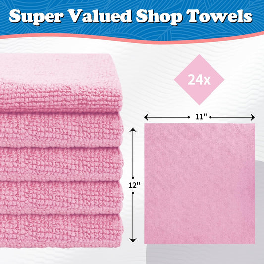Microfiber Cleaning Cloth, Shop Towels Bulk, 24 Pack Pink Microfiber Towels for Cars, All-Purpose Absorbent Cleaning Rags, Dust Cloth for Automotive, Mechanic, Garage, Bar, 12 x 11 inch