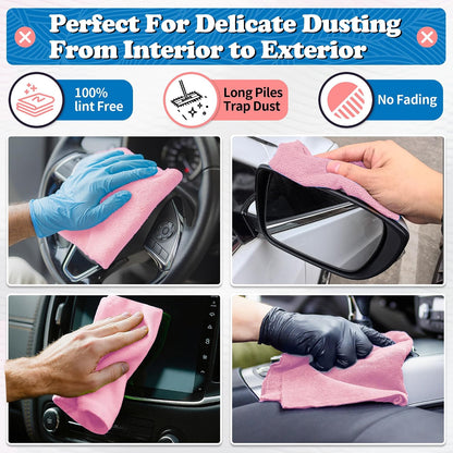 Microfiber Cleaning Cloth, Shop Towels Bulk, 24 Pack Pink Microfiber Towels for Cars, All-Purpose Absorbent Cleaning Rags, Dust Cloth for Automotive, Mechanic, Garage, Bar, 12 x 11 inch
