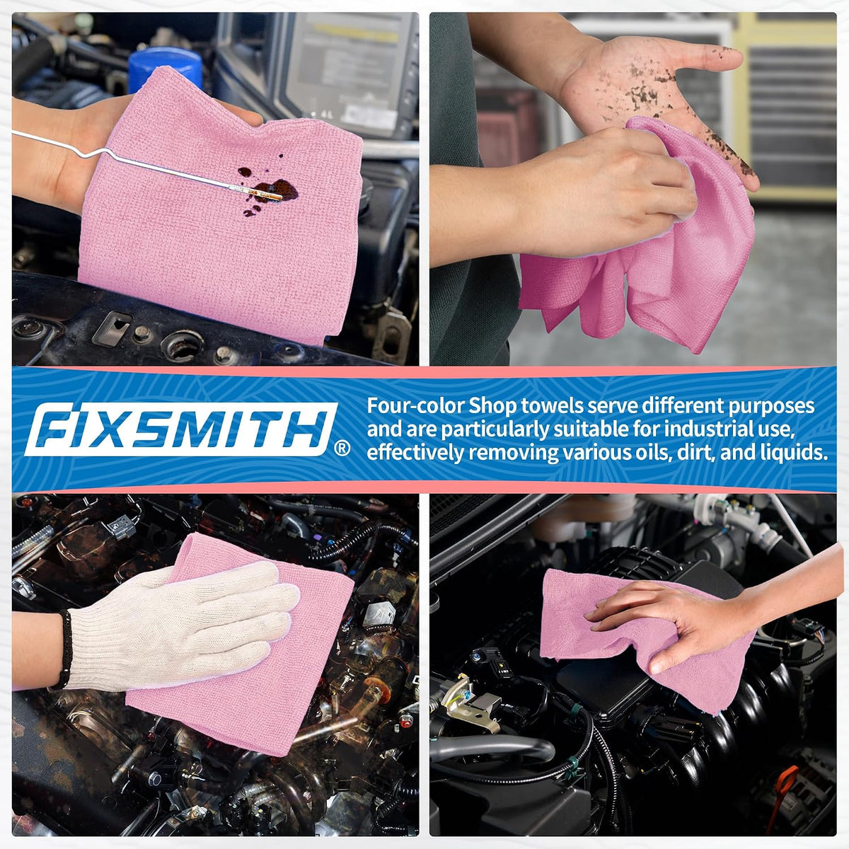 Microfiber Cleaning Cloth, Shop Towels Bulk, 24 Pack Pink Microfiber Towels for Cars, All-Purpose Absorbent Cleaning Rags, Dust Cloth for Automotive, Mechanic, Garage, Bar, 12 x 11 inch