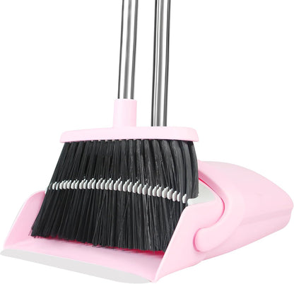 Pink Broom and Dustpan Set for Home, 52-in Long Handle Broom with Dustpan Combo with Dustpan Teeth Easy to Scrape Off Pet Hair, Indoor&Outdoor Sweeping（Pink）