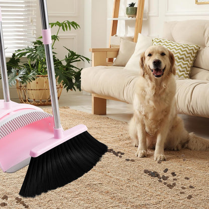 Pink Broom and Dustpan Set for Home, 52-in Long Handle Broom with Dustpan Combo with Dustpan Teeth Easy to Scrape Off Pet Hair, Indoor&Outdoor Sweeping（Pink）
