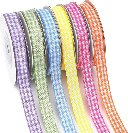 Gingham Ribbon 6 Rolls 60 Yards Spring Plaid Ribbon for Gift Crafts | 10mm Wide Gingham Grosgrain Ribbon for Easter Basket Wreaths Decor Holiday Wedding Baby Shower Birthday Party Supplies
