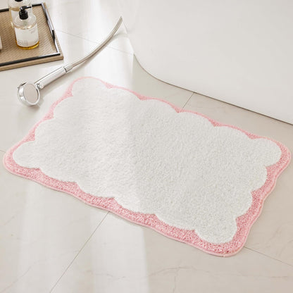 Luxury Microfiber Bathroom Rugs, White Bath Rug with Pink Scalloped Piping Cute Aesthetic Girly Bath Mat for Women's Bathroom, Tub, Floor Carpet, Sink, Shower, Anti Slip, Absorbent, 32x20