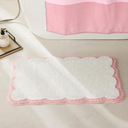 Luxury Microfiber Bathroom Rugs, White Bath Rug with Pink Scalloped Piping Cute Aesthetic Girly Bath Mat for Women's Bathroom, Tub, Floor Carpet, Sink, Shower, Anti Slip, Absorbent, 32x20