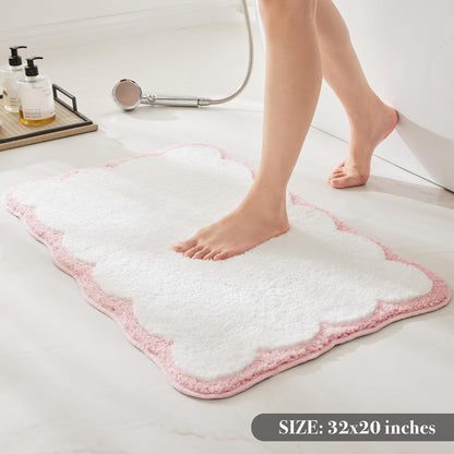 Luxury Microfiber Bathroom Rugs, White Bath Rug with Pink Scalloped Piping Cute Aesthetic Girly Bath Mat for Women's Bathroom, Tub, Floor Carpet, Sink, Shower, Anti Slip, Absorbent, 32x20