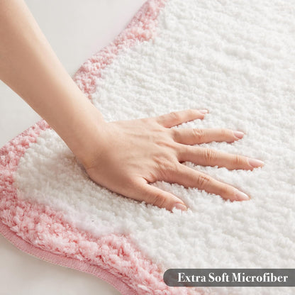 Luxury Microfiber Bathroom Rugs, White Bath Rug with Pink Scalloped Piping Cute Aesthetic Girly Bath Mat for Women's Bathroom, Tub, Floor Carpet, Sink, Shower, Anti Slip, Absorbent, 32x20
