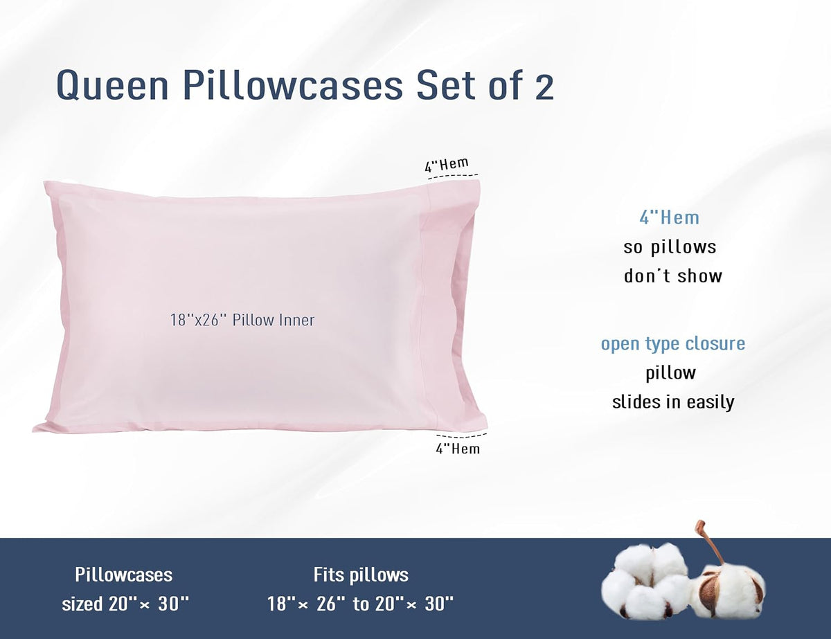 Pillow Cases Standard Queen Size Cotton Percale Set of 2, Light Pink