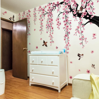 Large Cherry Blossom Tree Wall Decals Peel and Stick Pink Floral Wall Art Stickers for Living Room Bedroom Nursery Flower Decor