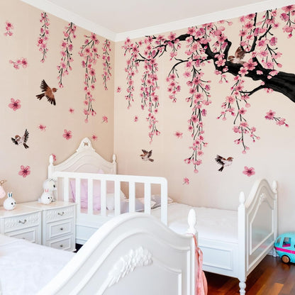 Large Cherry Blossom Tree Wall Decals Peel and Stick Pink Floral Wall Art Stickers for Living Room Bedroom Nursery Flower Decor