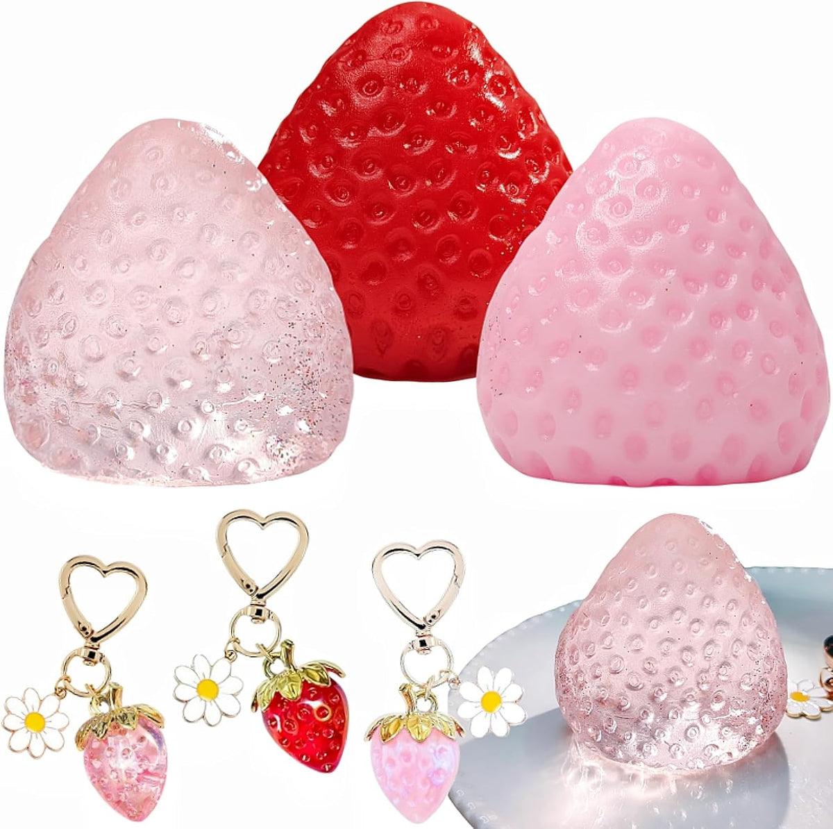 3PCS Strawberry Squishy Toy with Keychain, Soft Fruit Squeeze Stress Ball
