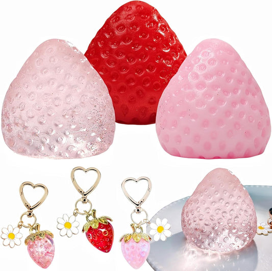 3PCS Strawberry Squishy Toy with Keychain, Soft Fruit Squeeze Stress Ball