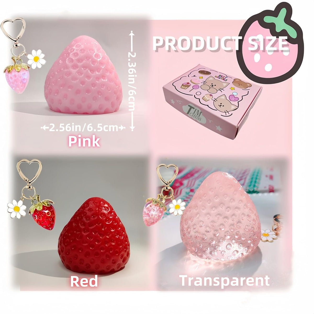3PCS Strawberry Squishy Toy with Keychain, Soft Fruit Squeeze Stress Ball