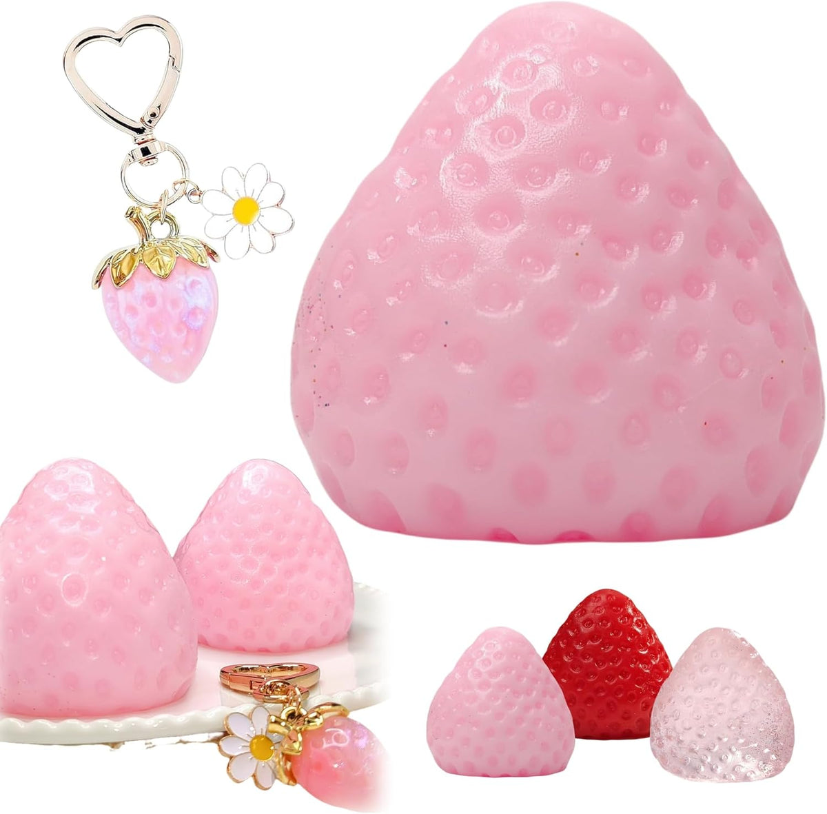 3PCS Strawberry Squishy Toy with Keychain, Soft Fruit Squeeze Stress Ball