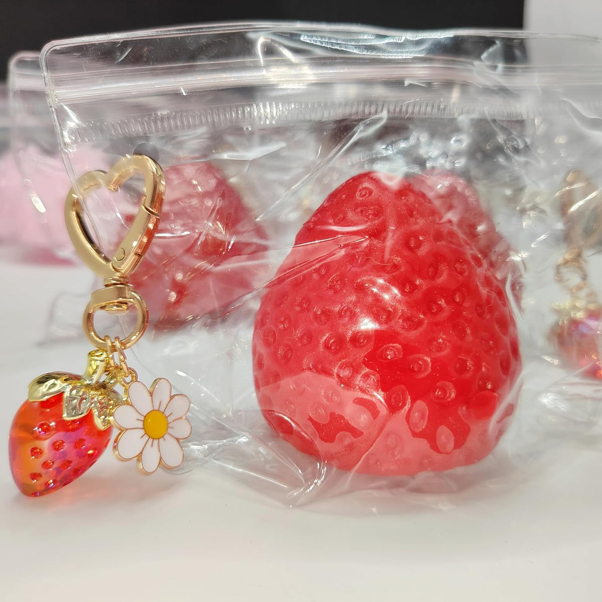 3PCS Strawberry Squishy Toy with Keychain, Soft Fruit Squeeze Stress Ball