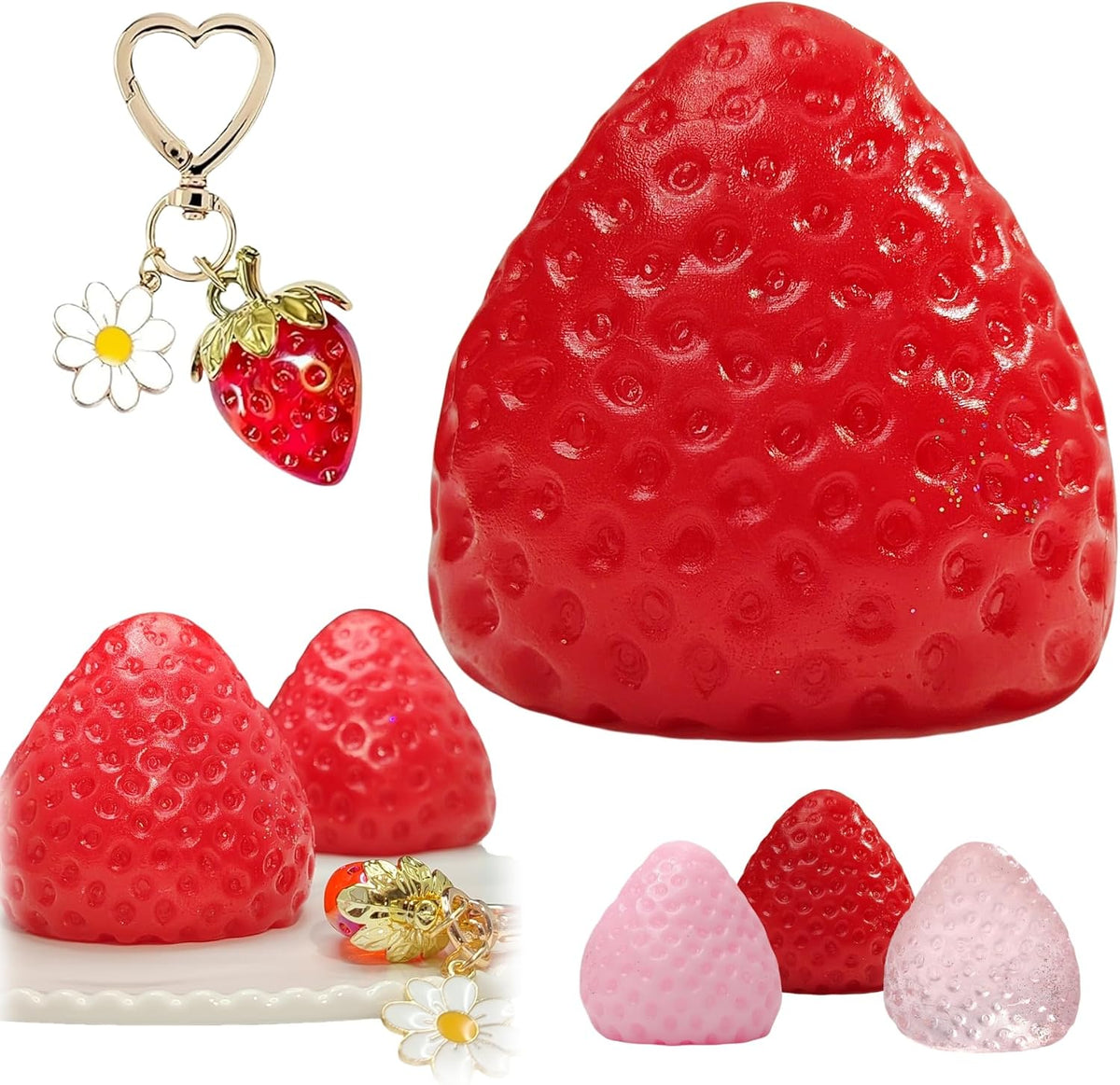 3PCS Strawberry Squishy Toy with Keychain, Soft Fruit Squeeze Stress Ball