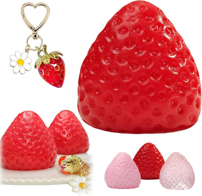 3PCS Strawberry Squishy Toy with Keychain, Soft Fruit Squeeze Stress Ball