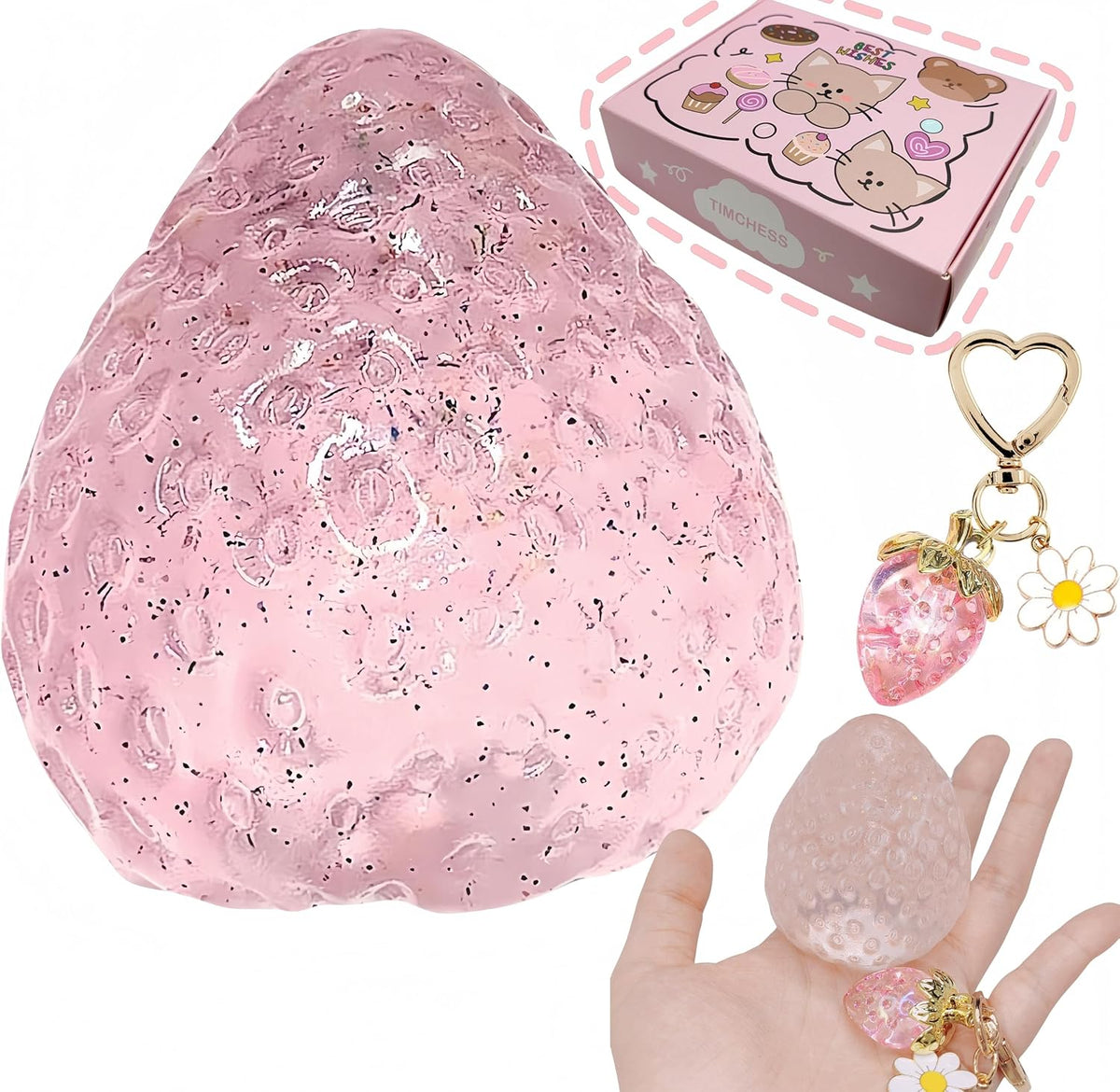 3PCS Strawberry Squishy Toy with Keychain, Soft Fruit Squeeze Stress Ball