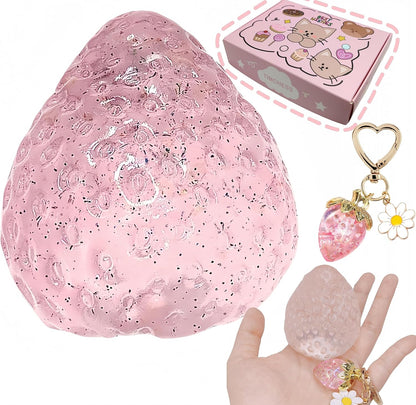 3PCS Strawberry Squishy Toy with Keychain, Soft Fruit Squeeze Stress Ball
