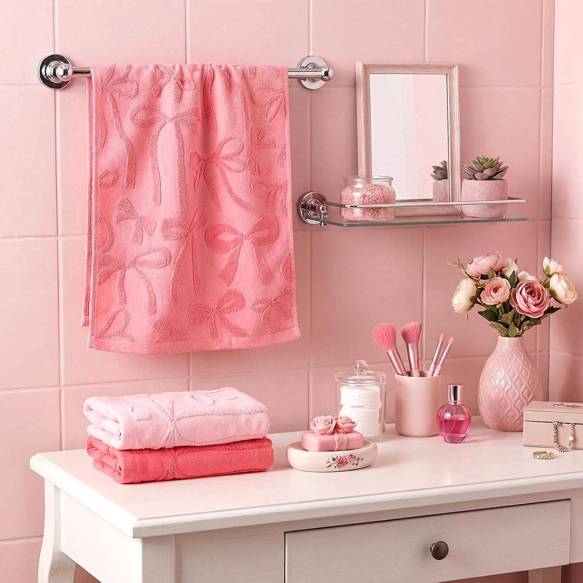 3 Pcs Pink Bow Hand Towels for Bathroom Pink Bow Bath Towels Set 100% Cotton Jacquard Absorbent Lightweight Soft Decorative Gift for Kitchen Bathroom Decor 13.8 x 29.5 Inch
