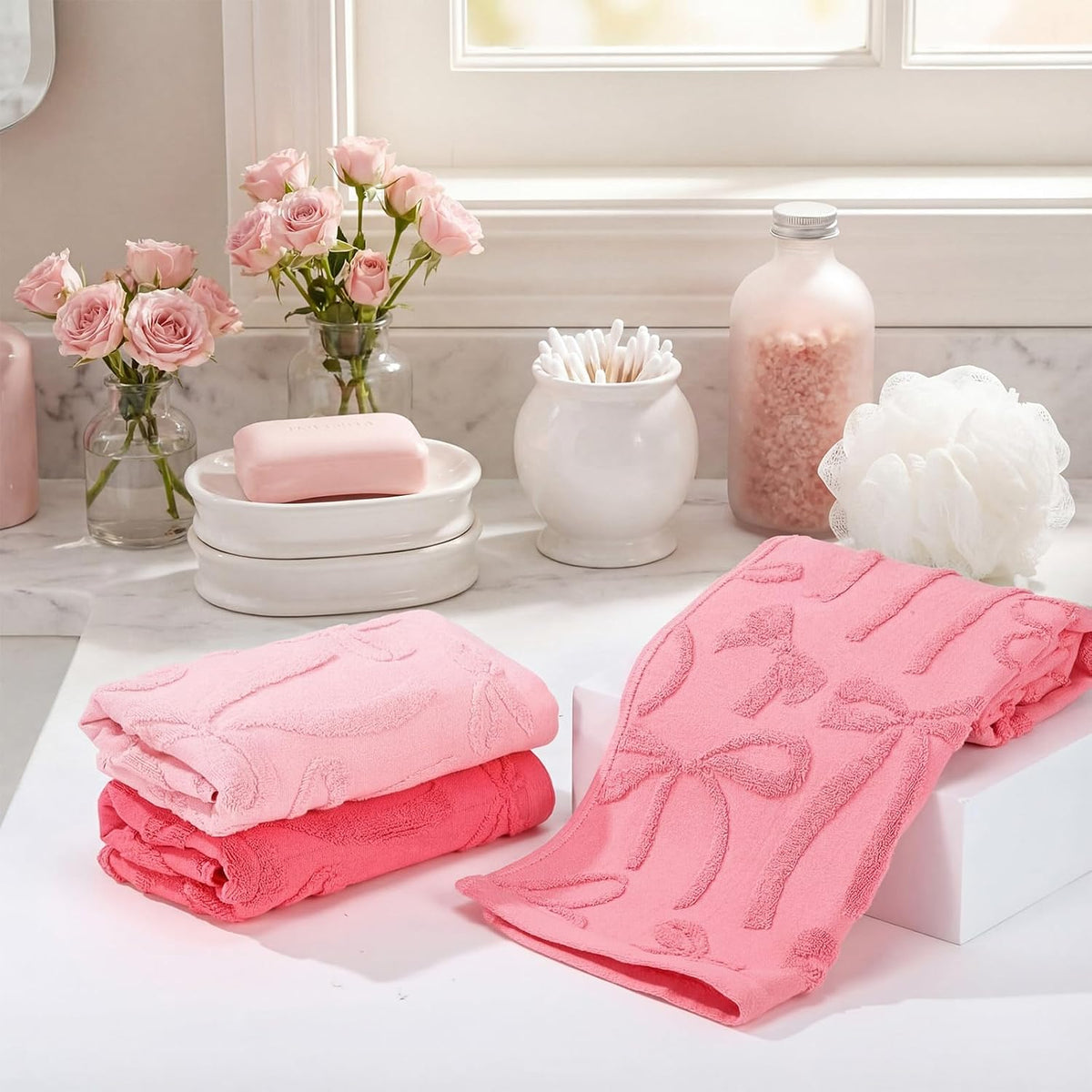 3 Pcs Pink Bow Hand Towels for Bathroom Pink Bow Bath Towels Set 100% Cotton Jacquard Absorbent Lightweight Soft Decorative Gift for Kitchen Bathroom Decor 13.8 x 29.5 Inch