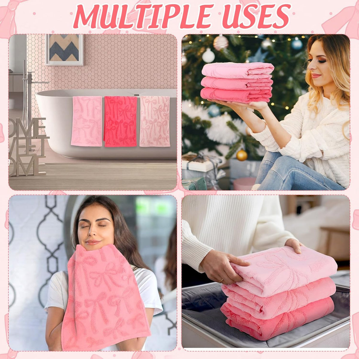 3 Pcs Pink Bow Hand Towels for Bathroom Pink Bow Bath Towels Set 100% Cotton Jacquard Absorbent Lightweight Soft Decorative Gift for Kitchen Bathroom Decor 13.8 x 29.5 Inch
