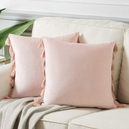 Pack of 2 Cute Decorative Throw Pillow Covers with Handmade Tassels, Soft Velvet Peach Solid Square Cushion Case Set for Couch Sofa Bedroom Car Living Room (18x18 Inch/45x45 cm, Blush Pink)