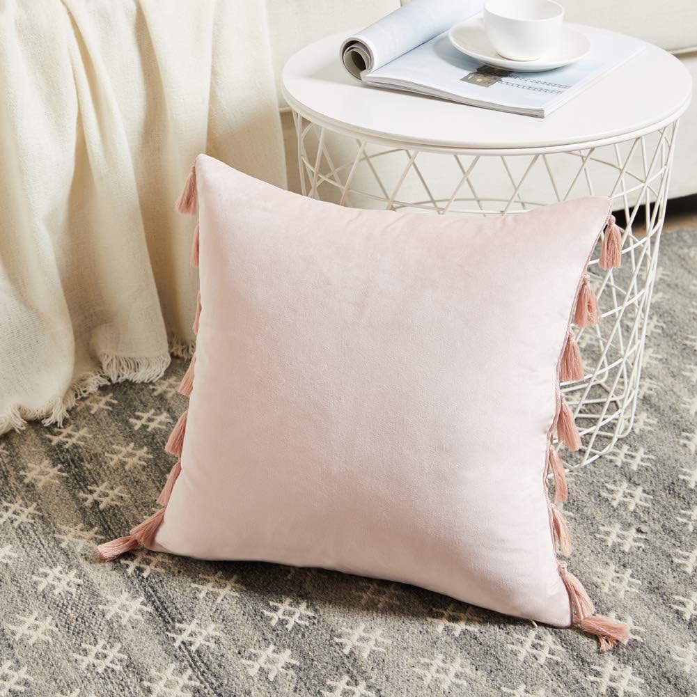 Pack of 2 Cute Decorative Throw Pillow Covers with Handmade Tassels, Soft Velvet Peach Solid Square Cushion Case Set for Couch Sofa Bedroom Car Living Room (18x18 Inch/45x45 cm, Blush Pink)