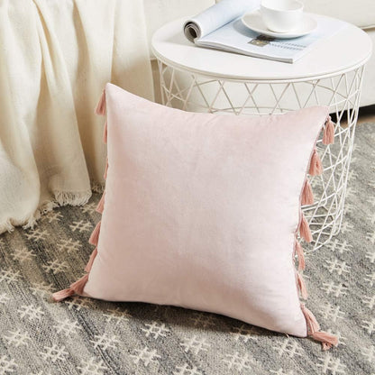 Pack of 2 Cute Decorative Throw Pillow Covers with Handmade Tassels, Soft Velvet Peach Solid Square Cushion Case Set for Couch Sofa Bedroom Car Living Room (18x18 Inch/45x45 cm, Blush Pink)