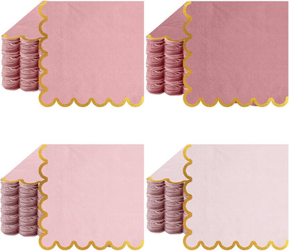 100 Pack Scalloped Cocktail Napkins with Gold Foil Accents Beverage Napkins Scalloped Disposable Paper for Wedding Shower Baby Dinner Birthday Party Supplies 5 x 5''(Dusty Pink)