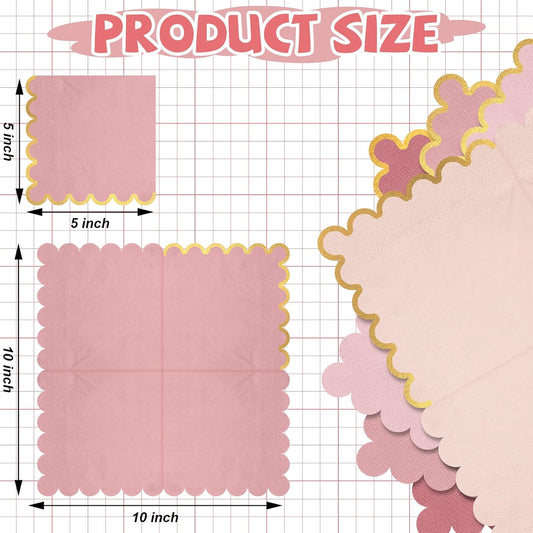 100 Pack Scalloped Cocktail Napkins with Gold Foil Accents Beverage Napkins Scalloped Disposable Paper for Wedding Shower Baby Dinner Birthday Party Supplies 5 x 5''(Dusty Pink)