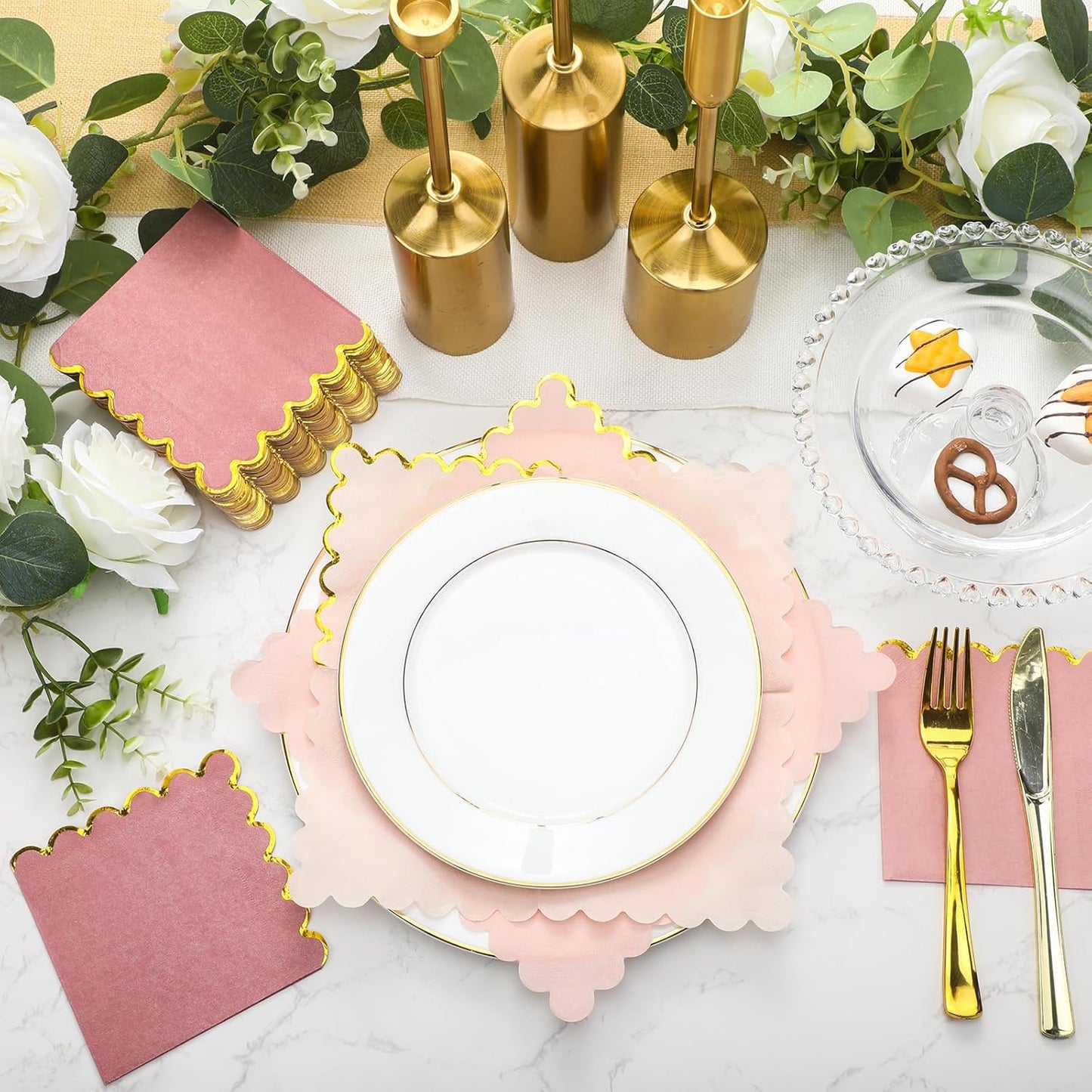 100 Pack Scalloped Cocktail Napkins with Gold Foil Accents Beverage Napkins Scalloped Disposable Paper for Wedding Shower Baby Dinner Birthday Party Supplies 5 x 5''(Dusty Pink)