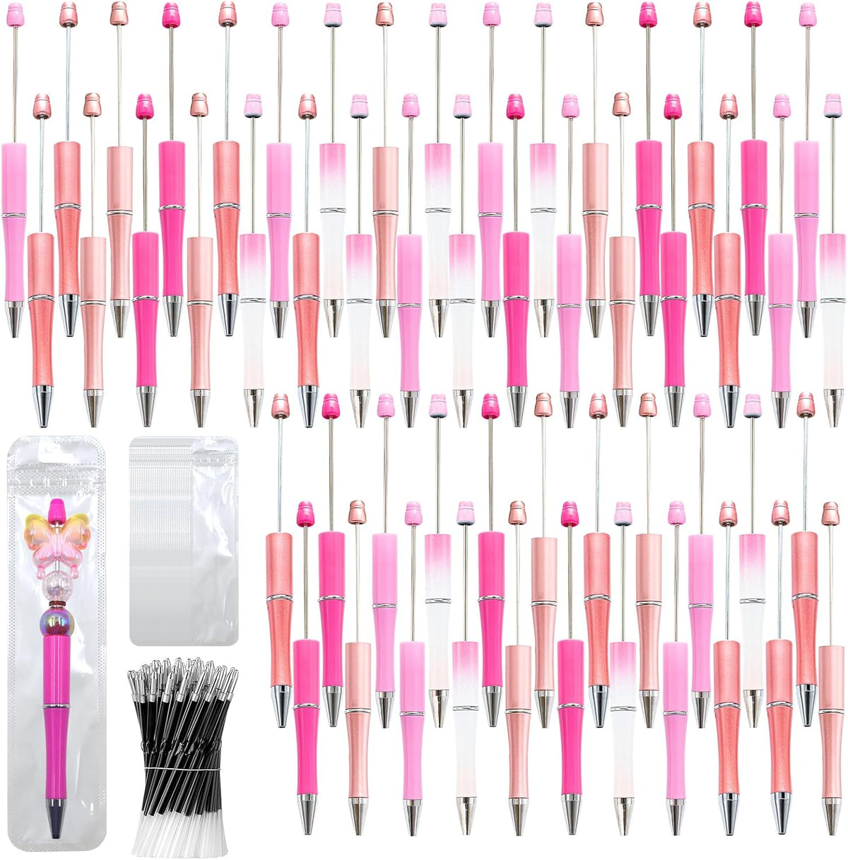 150 Pieces DIY Beadable Pen Kit – 50 Plastic Ballpoint Pens with Refills & Bags – School Supplies, Office Accessories & Decorative Items for Students & Teachers （Pink）