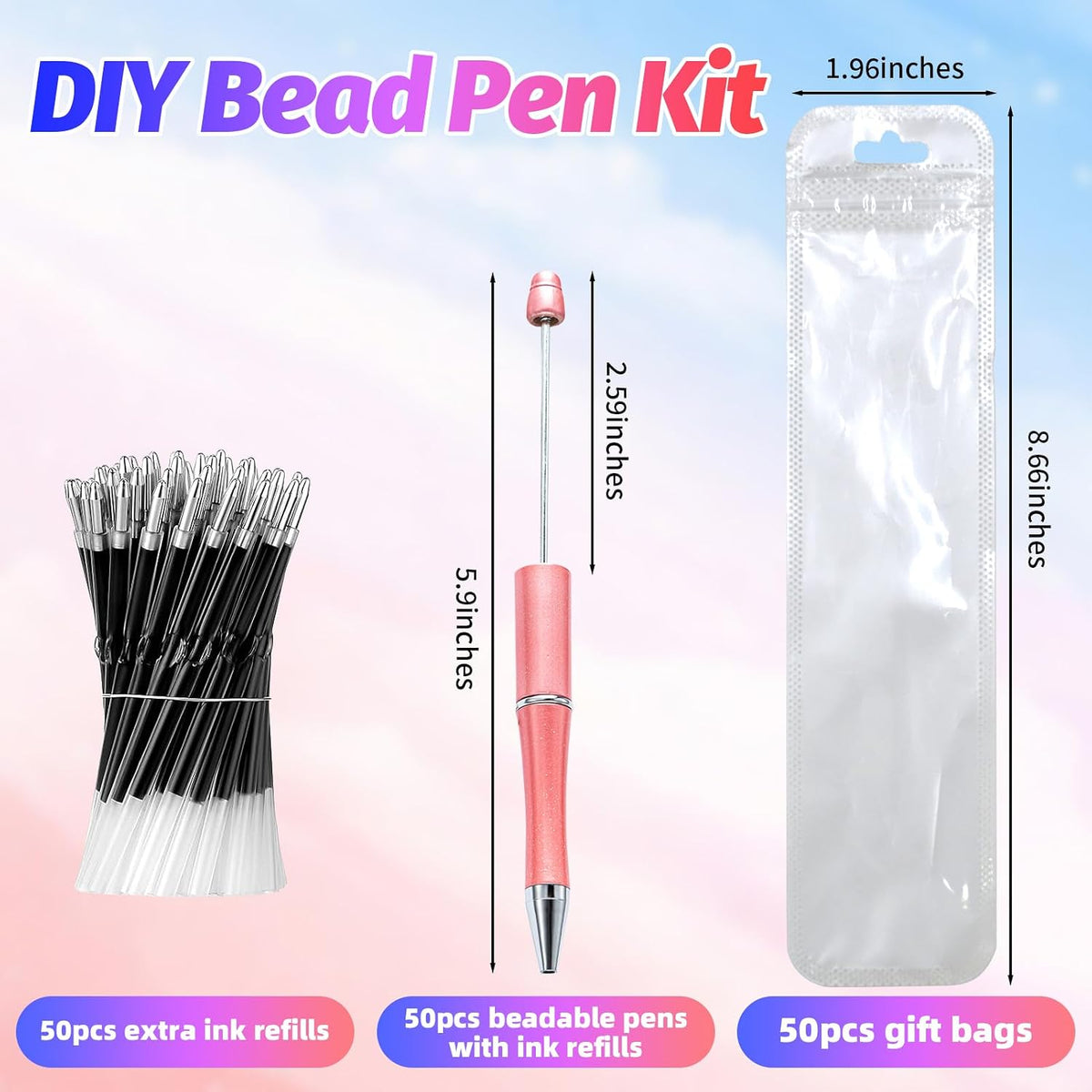 150 Pieces DIY Beadable Pen Kit – 50 Plastic Ballpoint Pens with Refills & Bags – School Supplies, Office Accessories & Decorative Items for Students & Teachers （Pink）