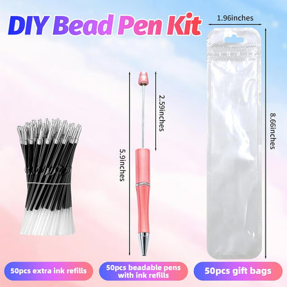 150 Pieces DIY Beadable Pen Kit – 50 Plastic Ballpoint Pens with Refills & Bags – School Supplies, Office Accessories & Decorative Items for Students & Teachers （Pink）