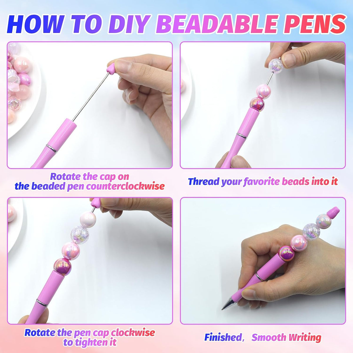 150 Pieces DIY Beadable Pen Kit – 50 Plastic Ballpoint Pens with Refills & Bags – School Supplies, Office Accessories & Decorative Items for Students & Teachers （Pink）