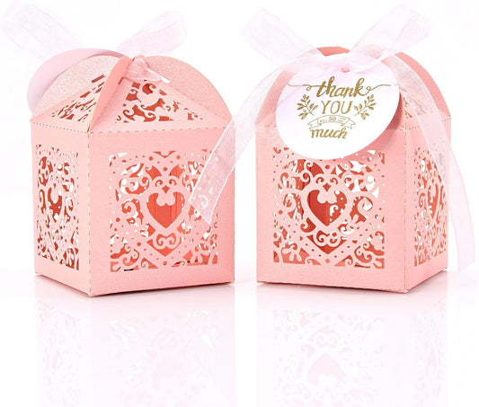 Pink Small Gift Boxes, 50pcs Laser Cut Candy Box Heart Shape, with Thank You Cards Ribbons for Guest Thank You Gift Quincenera Baby Shower Wedding 1.97"X1.97"X2.95"