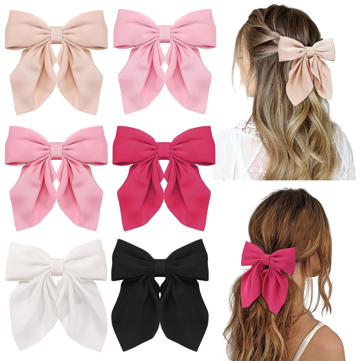 6Pcs Hair Bows for Women, Silky Satin Bow Hair Clips for Girls