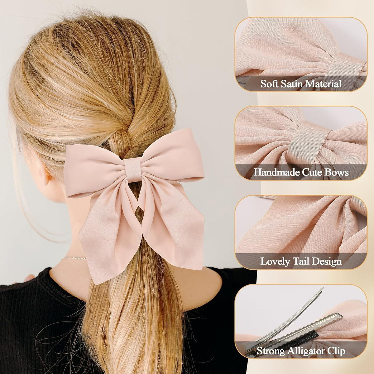 6Pcs Hair Bows for Women, Silky Satin Bow Hair Clips for Girls
