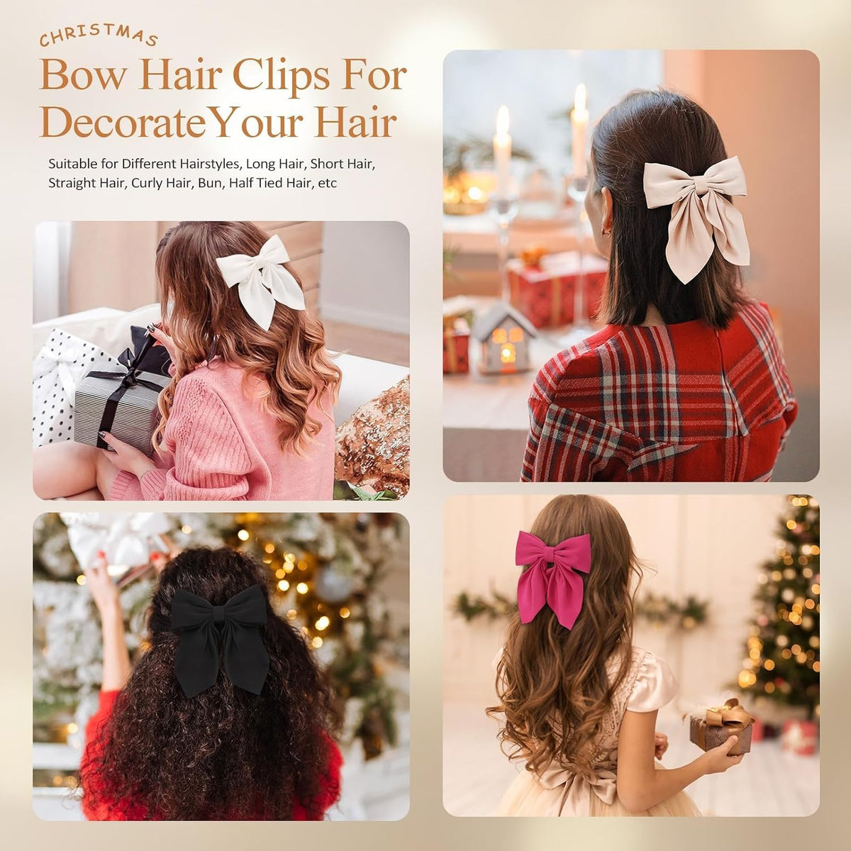 6Pcs Hair Bows for Women, Silky Satin Bow Hair Clips for Girls