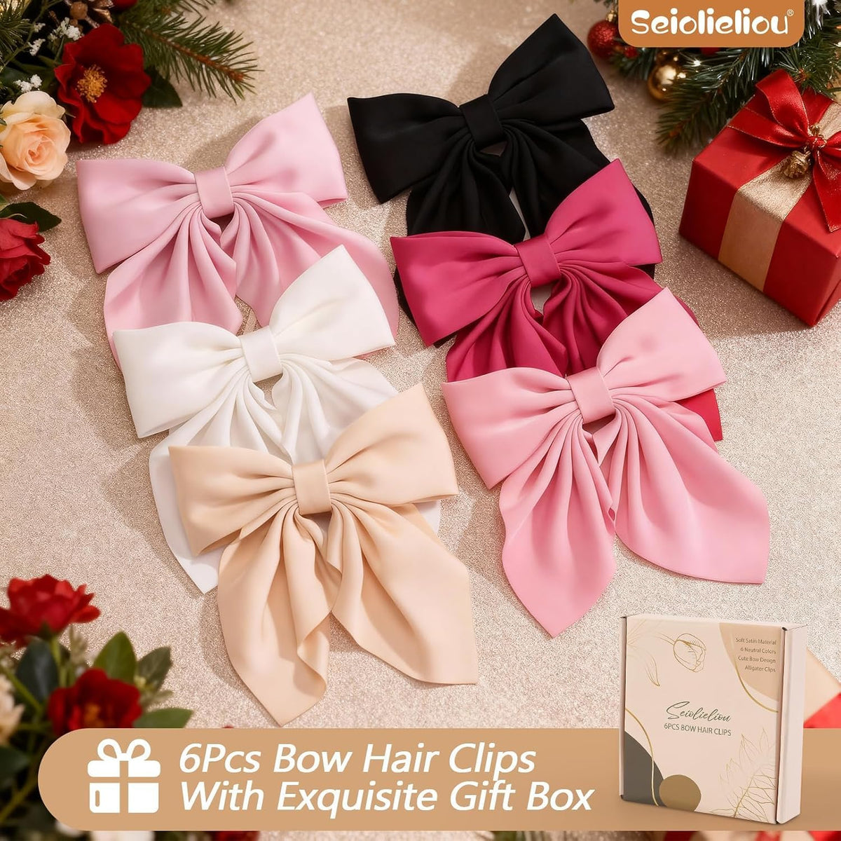 6Pcs Hair Bows for Women, Silky Satin Bow Hair Clips for Girls